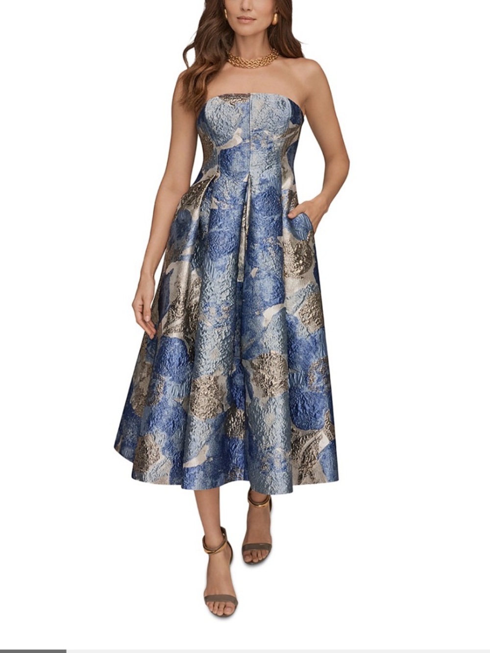 Donna Karan Strapless Blue and Silver Metallic A-Line Midi Dress size 4